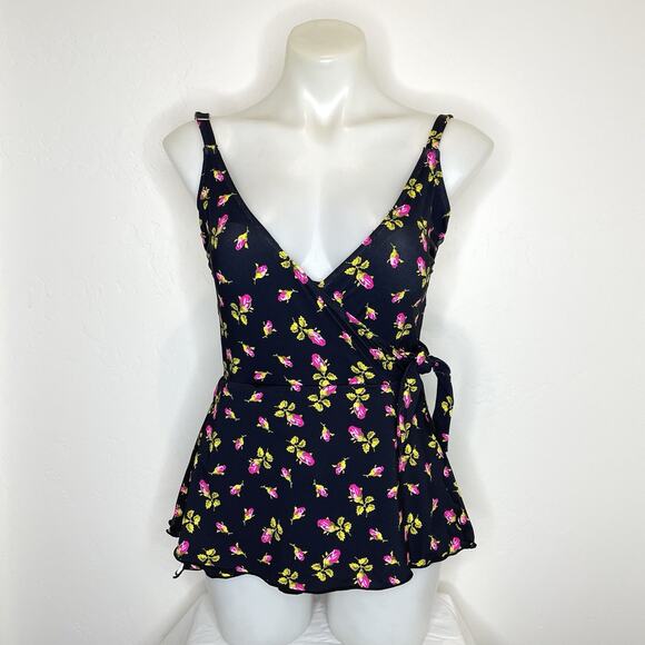 Betsey Johnson Floral Faux Wrap Skirted Bathing Suit One Piece Medium Swimsuit - Picture 1 of 8